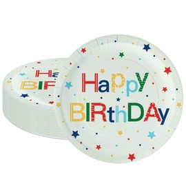 LeZakaa 25Pcs Birthday Paper Plates - Happy Birthday Lettering & Colorful Stars Design Disposable Party Plates Decorative Tableware Supplies Table Decor - 7 Inch