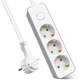 EXTRASTAR Flat Plug Multiple Socket 3-Way Power Strip Flat Plug with Push Button Switch 3 m Cable for Office and Home White