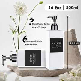 Refillable Plastic Pump Bottle Dispenser with Waterproof Labels - Empty Bathroom Soap and Body Wash Dispenser Set (White, Set of 3, 500ML)