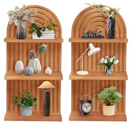 Qivine Boho Wall Shelf, 2 Pcs 3 Tier Shelves for Room Wall, Wood Floating Shelf with Arched Wood Design Wall Mounted for Living Room, Bedroom, Bathroom Decor (Brown, 3-Tier)