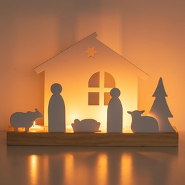 Nativity Scene Set Candle Holder - Romadedi Christmas Manger Indoor Decorations Small with Wooden Base White Nativity Set for Table Fireplace Mantle Ideal for Christmas Decor