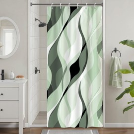 Uiiooazy Shower Curtain, Sage Green, Shower Curtain, Abstract Geometric Pattern, Lines, Stripes, Shower Curtain, Anti-Mould, Waterproof Polyester Fabric Bathroom Curtain with 6 Hooks, for Bathroom, 90