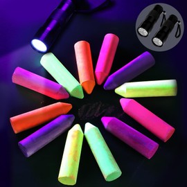 12 Pcs 6 Color Glow in the Dark Chalk UV Neon Sidewalk Chalk and 2 Pcs UV Light Flashlight Outdoor Dustless Black Light Party Supplies for Birthday Gift Painting Drawing on Chalkboard Playground