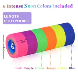 KIWIHUB UV Blacklight Reactive Fluorescent Cloth/Neon Gaffer Tape, Super Bright Spike Tape for Glow Party Supplies, 1 inch x 16.5 feet - 6 Colors