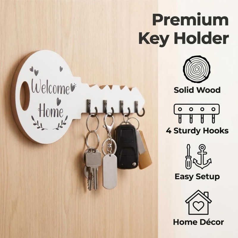 Yoowan Key Holder for Wall,4 Hook Welcome Home Wooden Key