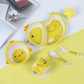 Fekdod Bamboo Kids Dinnerware Set 5 Pcs Includes Plate Bowl Cup Fork Spoon Perfect for Kids BPA-Free (Chicken)