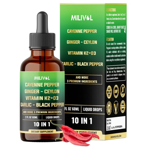 MILIVOL 10in1 Cayenne Pepper Liquid Drops + Ginger Ceylon Cinnamon