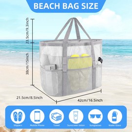 HATINXIA Beach Bag, Mesh Beach Bags for Women Vacation, Large Sandproof Foldable Tote Bag with Pockets for Beach, Picnic Swimming Pool, Gym, Camping and Shopping Grocery (White)