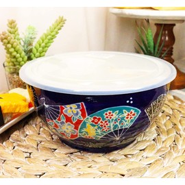 Ebros Pack Of 2 Ceramic Lunch or Dinner Food Bowls With Airtight Storage Lid 7"Dia 5 Cups Size Take Out To Go Diet Meal Planning Refrigerator Microwave Dishwasher Safe (Colorful Oriental Fans)