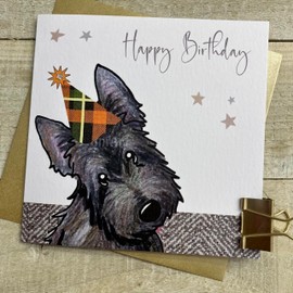 WHITE COTTON CARDS SCOTTIE DOG WITH ORANGE PARTY HAT BIRTHDAY CARD, HAND FINISHED (S382)