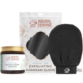 Natural Elephant Jabón Negro Marroquí 200 G (7 Oz) Y Guante Exfoliante Para Hammam (Negro Puro)