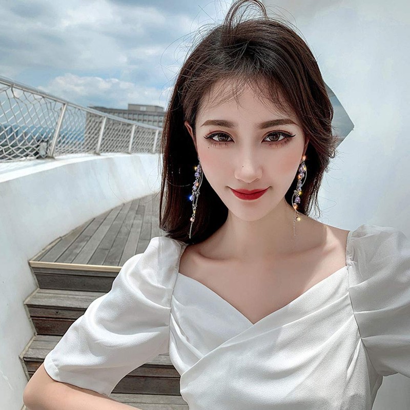 Xerling Pendientes largos de cristal para boda, diseño de flor