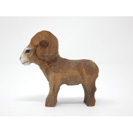 Selsela Hand-Carved Big Horn Ram Figurine - Wooden Miniature Mountain Goat Statue, Small Animal Sculpture Art Wood Carving. Rustic Home Decor & Collectible