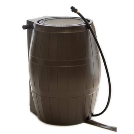 FCMP Outdoor Raincatcher 4000, Flat-Back Rain Water Barrel, 50-Gallon, Brown - Rainwater Collection Storage Container w Side Spigots, Mesh Screen, Garden and Overflow Hose & Linking Kit