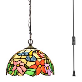 MQYXH Tiffany Plug in Pendant Lamp Blue Hummingbird Style Stained Glass Vintage Swag Light 12X12X180 Inch Hanging Lamps for Dining Room Living Room Office Bedroom or Porch