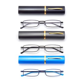 HIGHLIKE 3-Pack Slim Pocket Reading Glasses Men Women, Compact Readers Super Clear Lens, Spring Hinge Metal Frame Eyeglasses, Black Gunmetal Blue 1.75 x