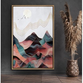 SIGNFORD Framed Canvas Print Wall Art Teal & Pink Marble Effect Mountain Range Abstract Wilderness Illustrations Modern Art Contemporary Scenic for Living Room, Bedroom, Office - 16"x24" Natural