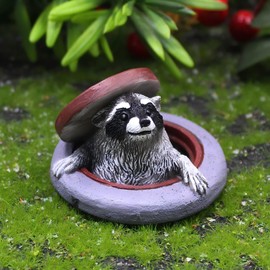 Gwindrise Miniature Raccoon Garden Statue, Manhole Cover Design, Outdoor Fairy Garden Decor, Cute Plant Pot Decorations,Tiny Raccoon Fairy Garden Accessories