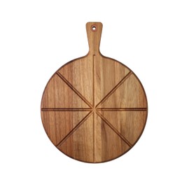 Dexas Acacia Wood Pizza Cutting Board, 14-Inch Round Paddle Board with Built-In Portion Grooves, Food Safe & Reversible