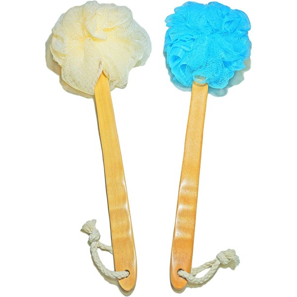 2-Pack Shower Loofah Body & Back Scrubber - Exfoliating Loofah luffa loofa Bath Brush On a Stick - with Long Wooden Handle Back Brush for Men & Women - Easy Reach Body Wash & Lotion Applicator