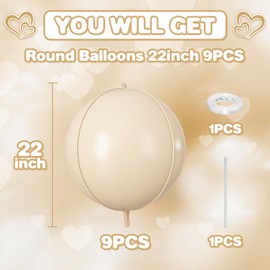 Cream Round Foil Balloons 9 pcs,Apricot Beige Giant 4D Round Balloons 22 Inch for for Boho Birthday Wedding Baby Shower Party Decorations