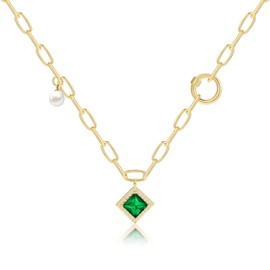 Secroma 16K Gold Plated Green Necklaces - Paperclip Link Chunky Chain Cubic Zirconia Pendant Necklace Trendy Jewelry for Women (Gold Green)