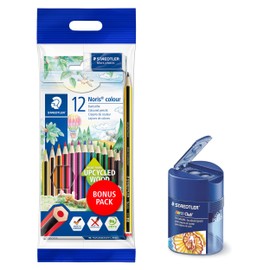 Staedtler Staedtler Buntstifte Noris Colour 12 Stück, rutschfeste Soft-Oberfläche, hohe Bruchfestigkeit, Bonuspack mit Radierer, Bleistift und Doppelspitzdose