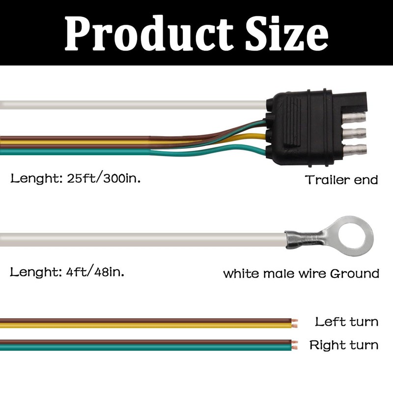 Seamaka 25ft 4 Wire 4-Flat Trailer Light Wiring Harness Extension