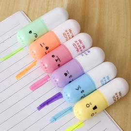 6 x Cute Smiling Face Pill Pocket Highlighter Pens Stationery School Office Supplies Perfect for Coloring, Underlining, Highlighting, Broad and Fine Tips