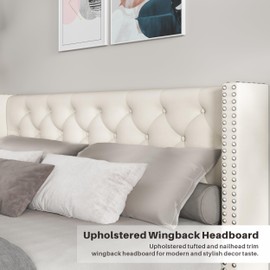 Sunrise Coast Full Size Bed Frame with Headboard: Upholstered Bedframe Full Bedroom Set - White Velvet Fabric Platform Beds with Nailhead Trim Wingback Backrest No Box Spring Needed