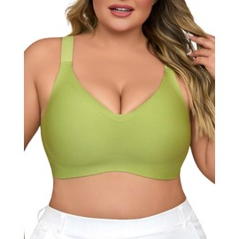 USEASY Plus Size Wireless Bras for Women V Neck Seamless Bras Comfort Full Coverage Bras for Women Push Up Soft Cup Everyday Sleep Bra Green 4XL