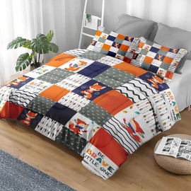 Pamnest Comforter Set Full Size, Cute Fox Animal Soft 3 Pcs Bedding for Kids and Adults, Orange Grid Cartoon Comforter Set with 2 Pillowcases for Bedroom Bed Decor