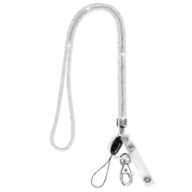 OFFCUP Lanyard Neck Strap, Crystal Lanyard, Badge Lanyards Keyring with Lobster Clasp Detachable Lanyards Bling Retractable ID Badge Holder for ID Badge Holder Keys Phone (Silver)