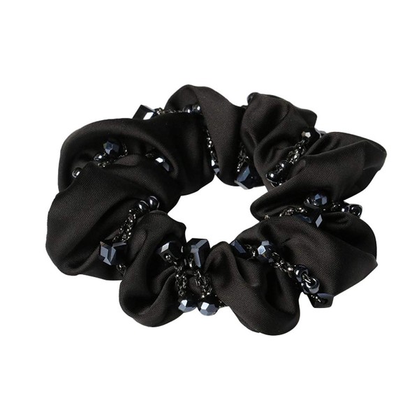 HOCONO Large Elegant Crystal Beads Hair Scrunchies Silk Satin Scrunchy Bobbles Elastic Hair Bands Ties Hair Accessories Fashion Wrist Band for Women Girls Pony Tails and Buns (Black)