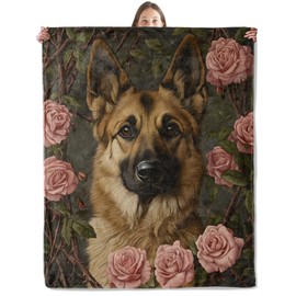 xmwjfd Majestic German Shepherd Blanket, Cozy Plush Dog and Pink Rose Throw Blanket for Couch Bedroom Outdoor, Lightweight Soft Flannel Travel Blankets, Gifts for Women Adults Kids, Warm Decor 50"×60"