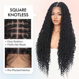 WIGNEE Boho Braided Wig Full Double Lace Front Braided Wig Goddess Faux Locs Wig Pre-Plucked with Baby Hair Embroidery Square Knotless Braided Wigs For Black Women