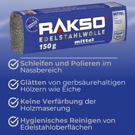 RAKSO Stainless Steel Wool Medium - 150 g, 1 Banderole, Rustproof, Removes Stubborn Deposits from Tiles, Ceramics - Floors in Wet Areas