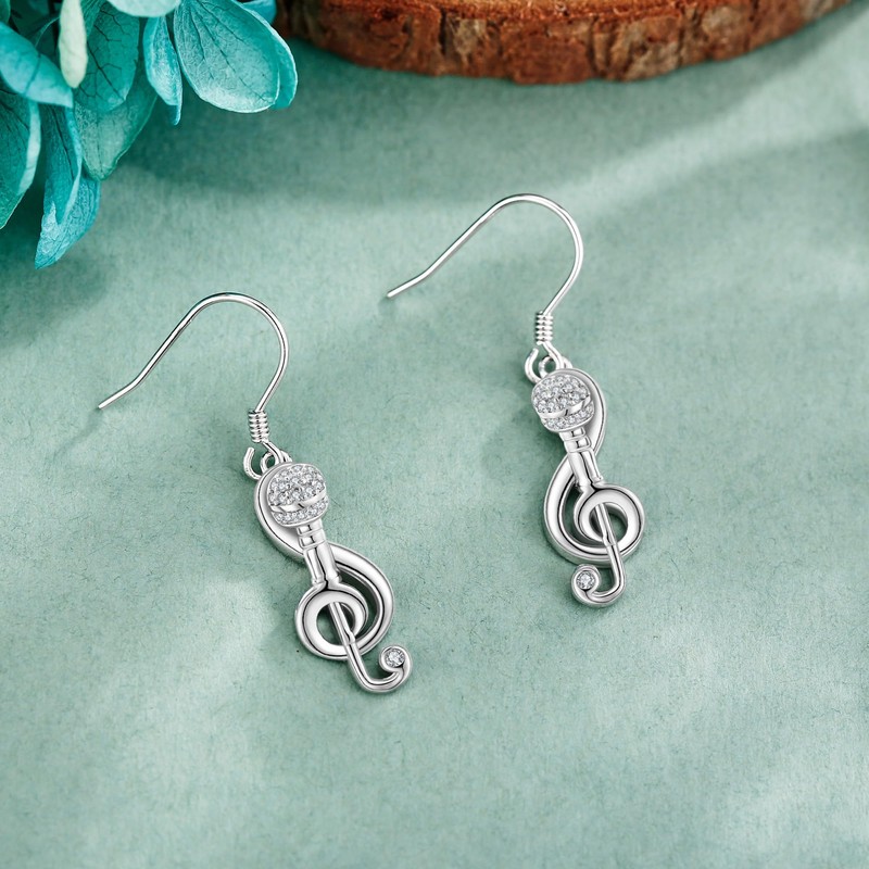 Music Note Earrings Sterling Silver Microphone Treble Music Dangle Drop