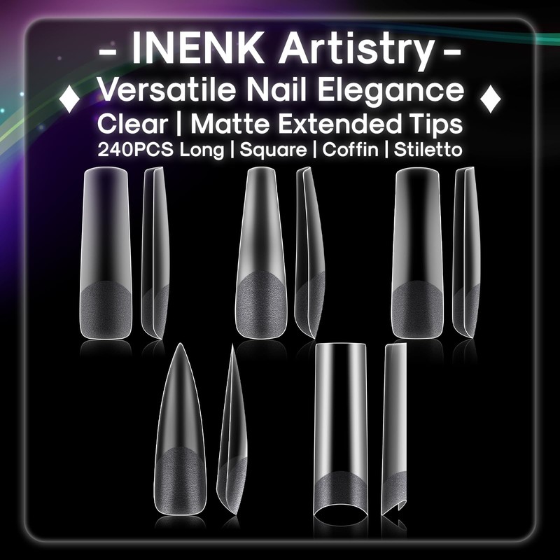 INENK No C Curve XXL Stiletto Nail Tips, Half Matte