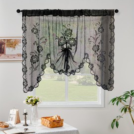 NewWPKIRA 1 Panel Black Floral Embroidery Sheer Lace Curtain Valance Princess Style Embroidered Waterfall Swag Curtain Valance Tier for Kitchen Bathroom Half Window Decoration, Rod Pocket Top