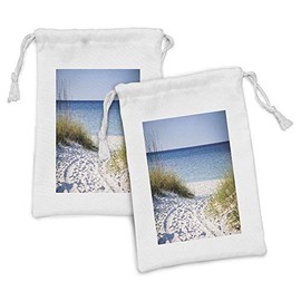 Lunarable Beach Fabric Pouch Set of 2, Path to Beach Clear Sky Bushes Grasses Windy Sunny Day Peaceful Gulf of Mexico, Small Drawstring Bag for Toiletries Masks and Favors, 9" x 6", Blue Green White