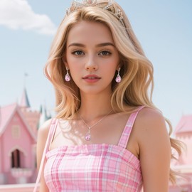 BriLove Wedding Jewelry Set for Bride, Teardrop Cubic Zirconia Pendant Necklace Dangle Earrings Tennis Bracelet Adjustable Ring Wedding/Birthday/Mother's Day/Christmas Gift Pink Silver-Tone