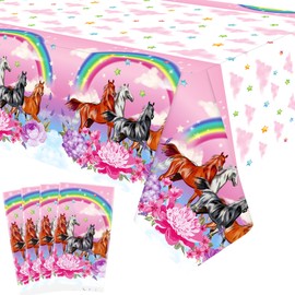 Obussgar 4 Pieces Pink Horse Party Tablecloth Supplies, Cartoon Horse Plastic Tablecloths, Rectangular Pink Horse Tablecloths, Pink Horse Party Decorations for Girl's - 51 x 86 Inch