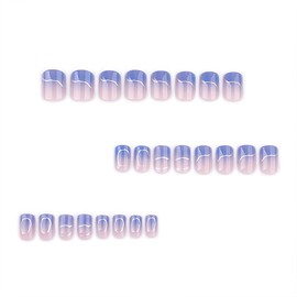 Square Press on Nails Blue Gradient Fake Nails Short Stick on Nails Glossy False Nails with Silver Stripes Designs Full Cover Glue on Nails Reusable Acrylic Artificial Nails for Women 24Pcs