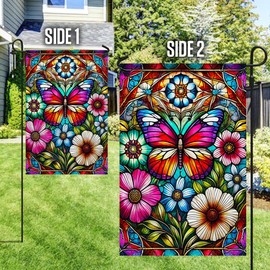 Stained Glass Floral Butterfly Garden and House Flag
