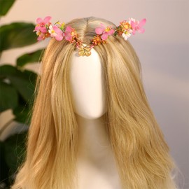 MOSTORY Butterfly Fairy Flower Crown for Women, Pink Floral Headpiece Elf Crown for Spring Wedding Photo Shoot
