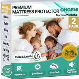 OhGeni 2 Pack Twin XL Size Mattress Protector, 100% Waterproof, Fitted Sheet with Deep Pockets, 6''-14'', Premium Noiseless Breathable Soft Material, Mattresses Cover for Bed