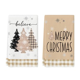 Artoid Mode Brown Pine Trees Merry Christmas Kitchen Towels Dish Towels, 18x26 Inch Believe Winter Xmas Holiday Decoration Hand Towels Set of 2