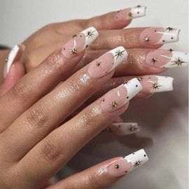 Press on Nails French 24Pcs Glossy Full Cover Medium Artificial Square False Nails with Gold Stars Designs Glue Stick on Fingernails with Charm for Women Coffin Acrylic Fake Nails Sets