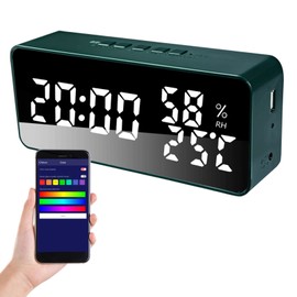 Alarm Clock for Bedroom 5 Alarms LED Display Mirror Desk Clock with Snooze Coundown 12/24H Mode Electronic Date Temperature Humidity Display Automatic Brightness Dimmer Adjustable Volume Digital Clock for Kids Elderly Home Living Room Office
